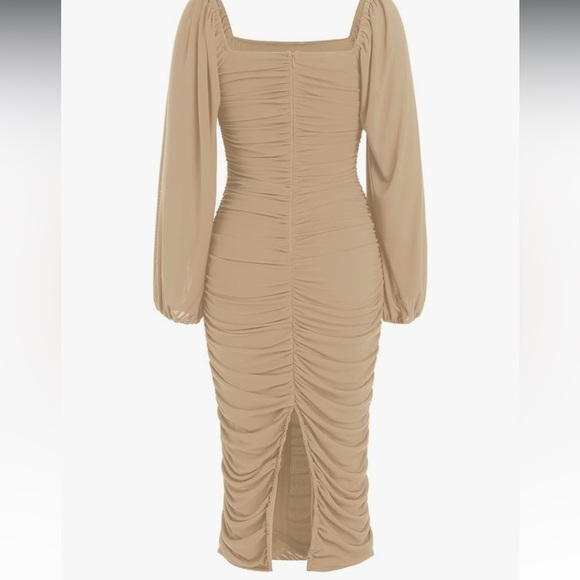 NWT MEROKETTY Long Puff Sleeve Ruched Bodycon Square Neck Mesh Midi Sz S Women - Picture 7 of 10